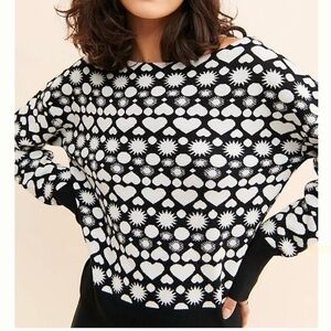 Maeve by Anthropologie Heart Print Boat Neck Sweater Black & White Size Medium